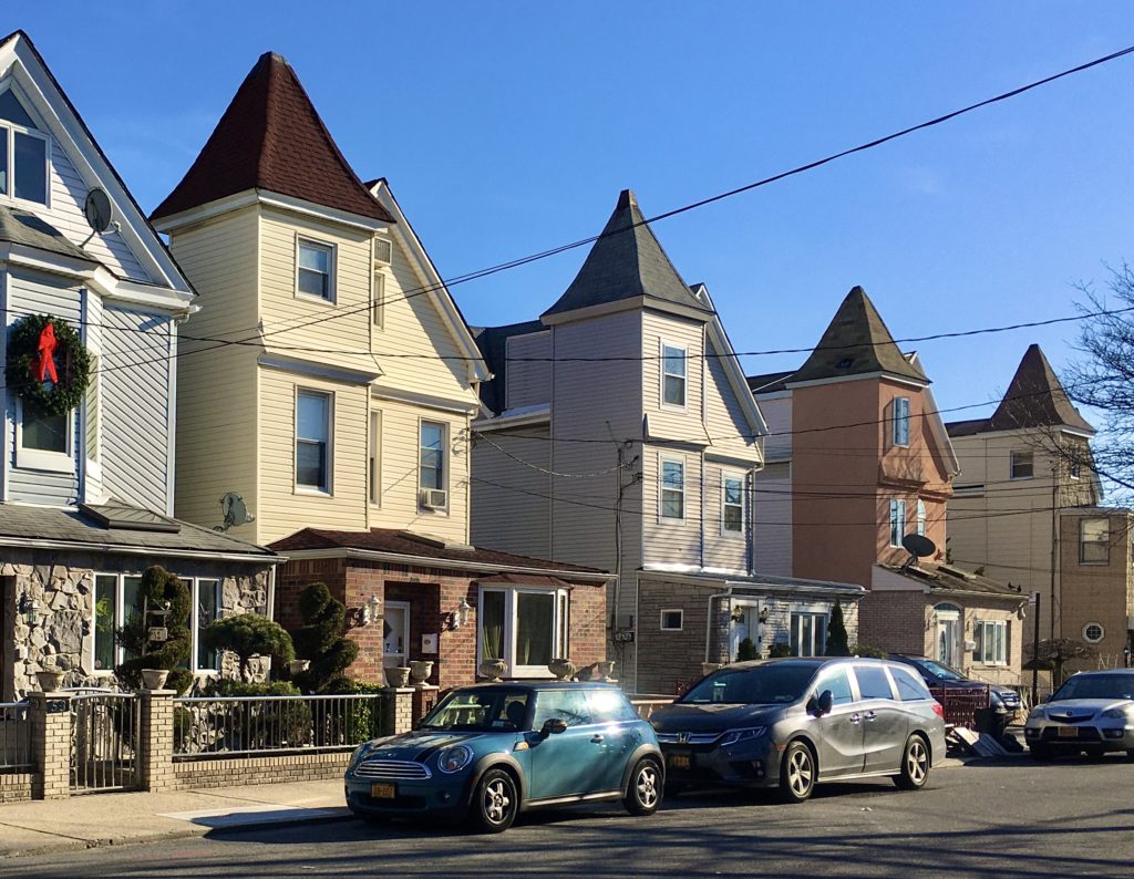 From left to right, these distinctive Victorian homes are 57 to 69 Bay 11th St. Photo: Lore Croghan/Brooklyn Eagle