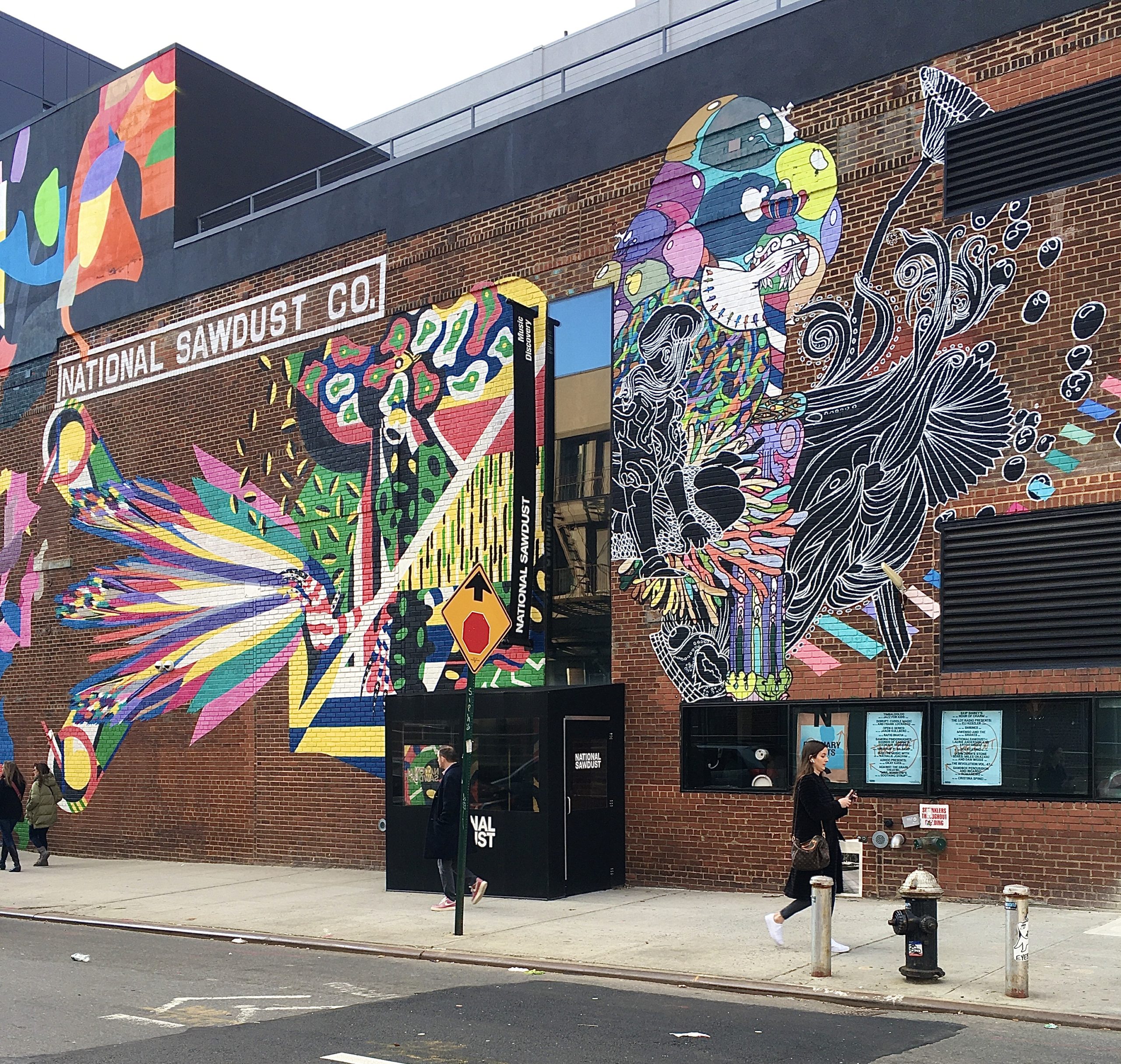 There’s an eye-catching mural on the facade of National Sawdust, a music performance venue. Photo: Lore Croghan/Brooklyn Eagle