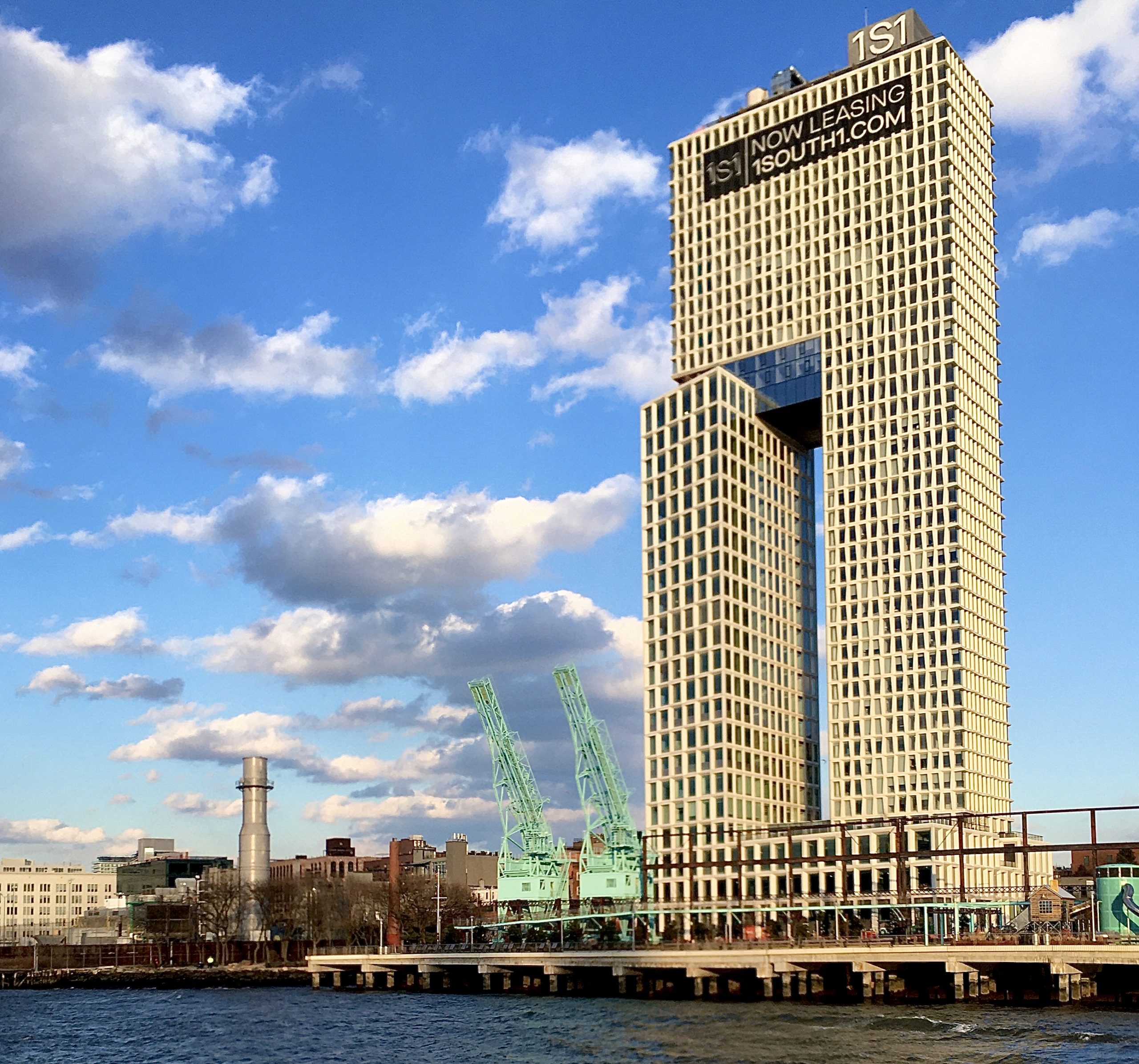 The tall building is One South First, as seen from the NYC Ferry. Photo: Lore Croghan/Brooklyn Eagle