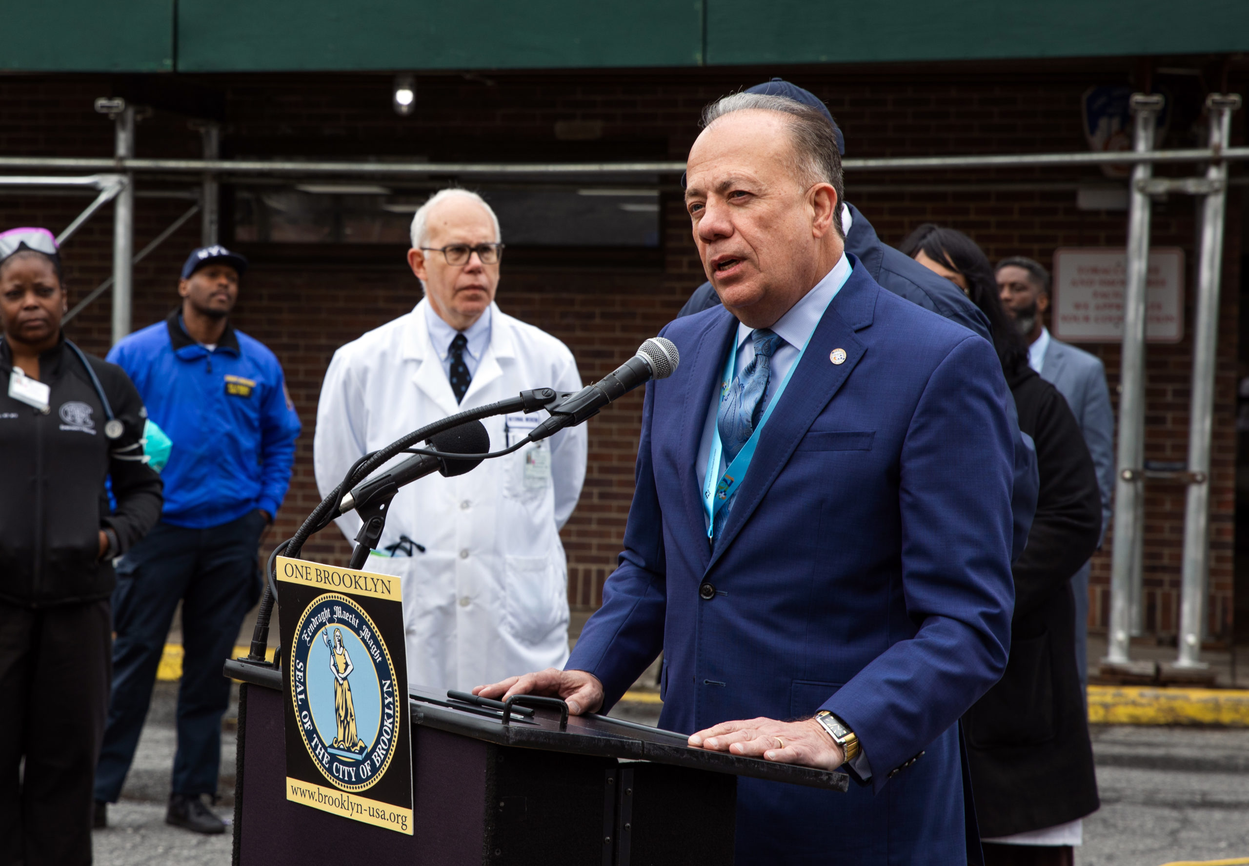 Brooklyn Hospital Center President and CEO Gary Terrinoni, with Borough President Eric Adams, unveiled a new on-site tent facility on March 17, 2020 to screen patients who believe they have COVID-19. The pre-screening will help determine if the patients need to receive tests for the virus and will help with overcrowding in emergency rooms. Photo: Paul Frangipane/Brooklyn Eagle