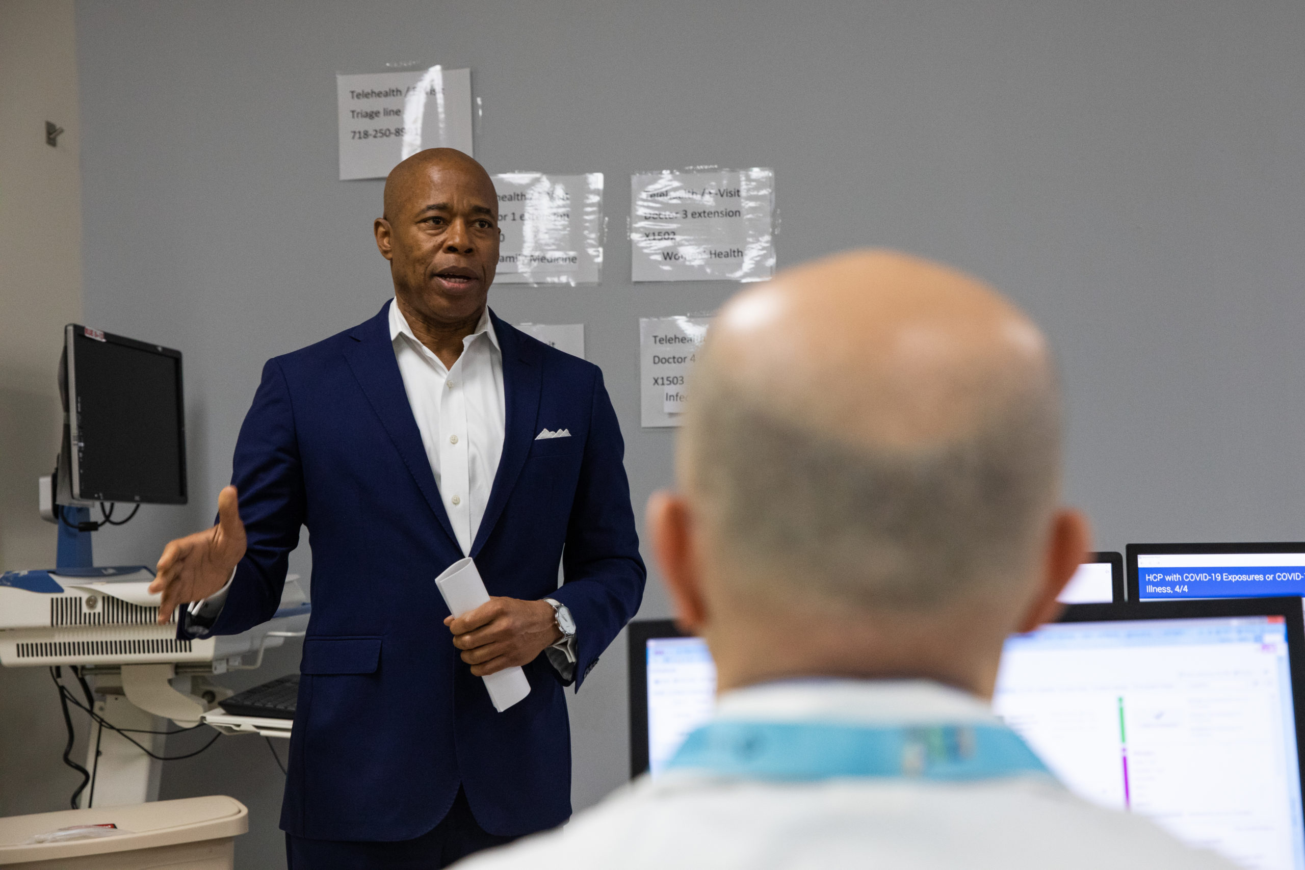 Brooklyn Hospital Center, with Brooklyn Borough President Eric Adams, promoted a new telemedicine command center in the hospital to take virtual appointments for pre-screenings of COVID-19. Photo: Paul Frangipane/Brooklyn Eagle