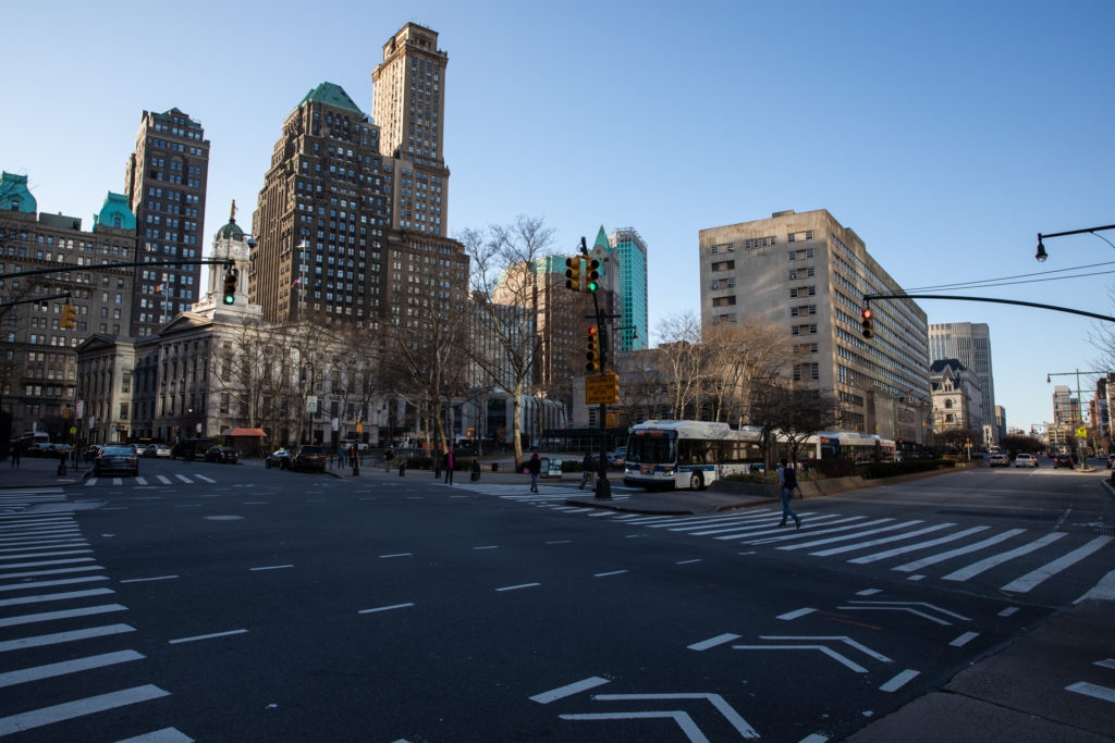 The pedestrian crosswalk from Fulton Street to Brooklyn Borough Hall and the Municipal Building at 5:40 p.m. The street usually hosts crowds of people.