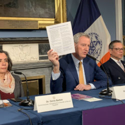 Mayor Bill de Blasio shows reporters a novel coronavirus safety tips sheet at Wednesday’s press conference. Left is NYC Health Commissioner Dr. Oxiris Barbot, and right is Dr. Raul Perea-Henze, deputy mayor for Health & Human Services. Photo: Mary Frost/Brooklyn Eagle