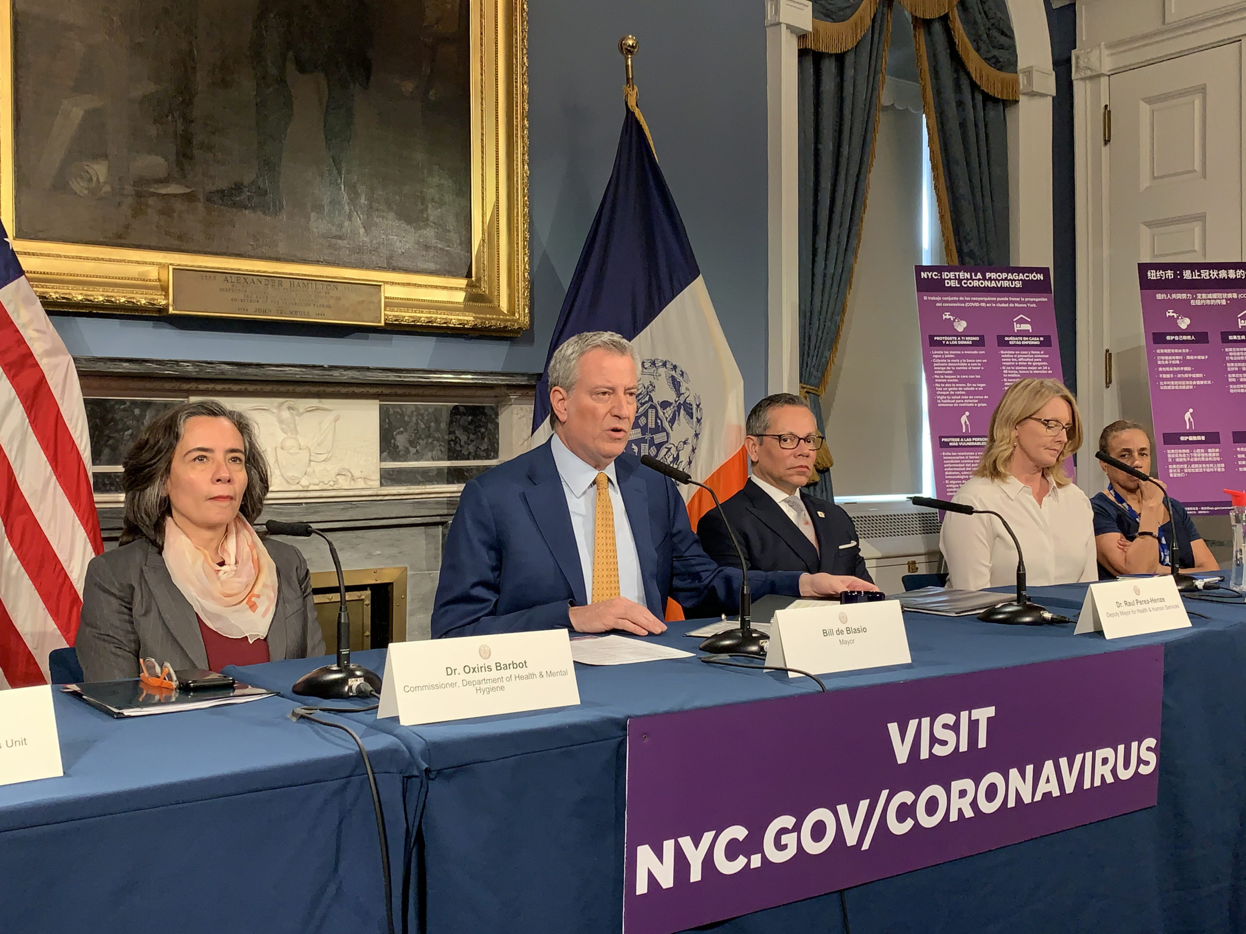 From left: Dr. Oxiris Barbot, Mayor Bill de Blasio, Dr. Raul Perea-Henze, deputy mayor for Health & Human Services, Deanne Criswell, commissioner of Emergency Services, and Bitta Mostofi, commissioner of the Mayor’s Office of Immigrant Affairs. Photo: Mary Frost/Brooklyn Eagle