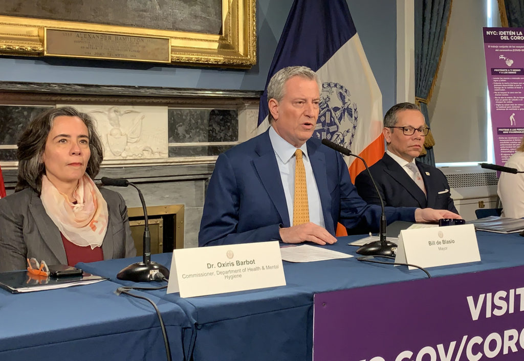 Mayor Bill de Blasio at a recent coronavirus press conference. Left is NYC Health Commissioner Dr. Oxiris Barbot, and right is Dr. Raul Perea-Henze, deputy mayor for Health & Human Services. Photo: Mary Frost/Brooklyn Eagle