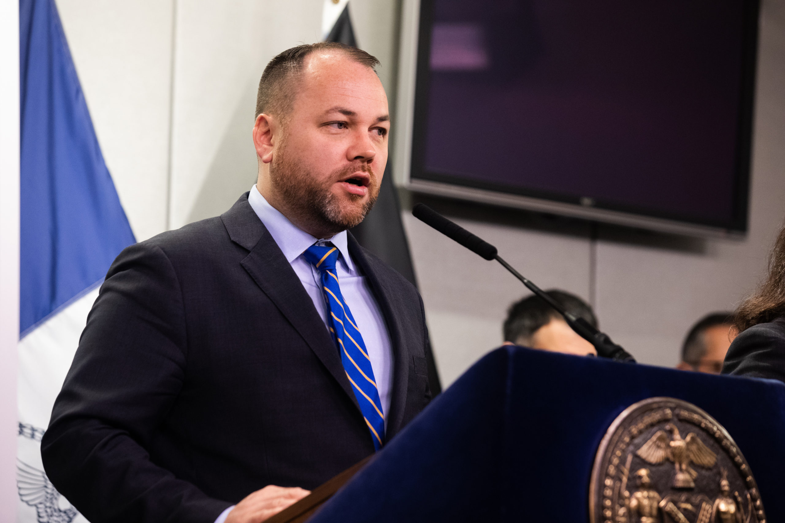 City Council Speaker Corey Johnson addresses the press on coronavirus at a March 9, 2020 briefing at NYC Emergency Management headquarters. Photo: Paul Frangipane/Brooklyn Eagle