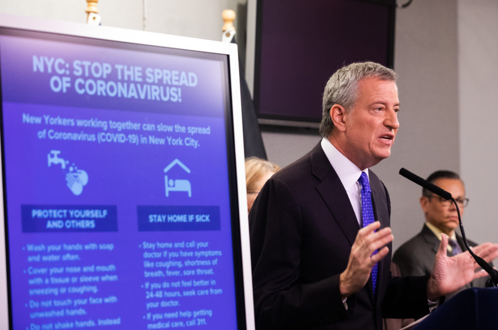 Mayor Bill de Blasio held a press briefing at NYC Emergency Management headquarters on March 9, 2020 to give the latest updates on the novel coronavirus, COVID-19. Photo: Paul Frangipane/Brooklyn Eagle