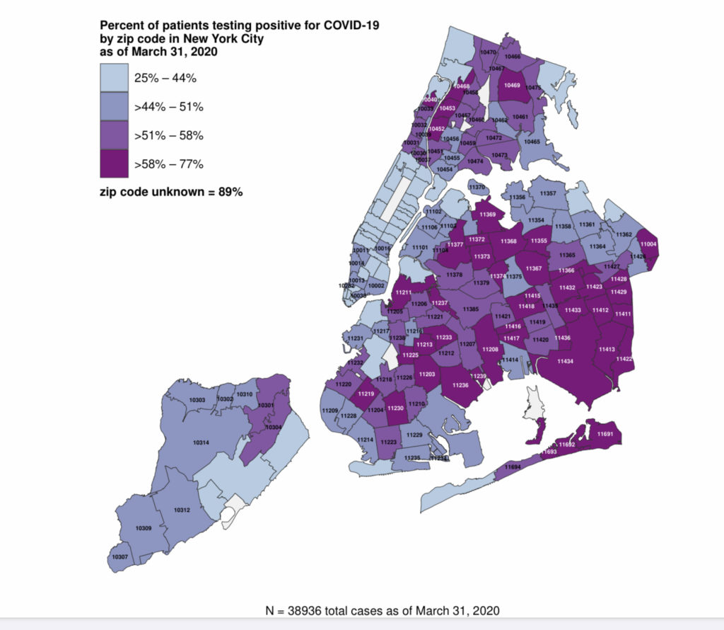 This map released Monday by the NYC Department of Health gives a breakdown of the percentage of positive coronavirus cases by ZIP code. Map: NYC DOH