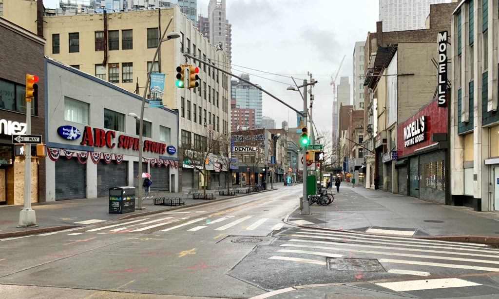 Shops along Fulton Street in Downtown Brooklyn are shuttered, as New York City enforces rules meant to slow down the growth of COVID-19. Photo: Mary Frost/Brooklyn Eagle