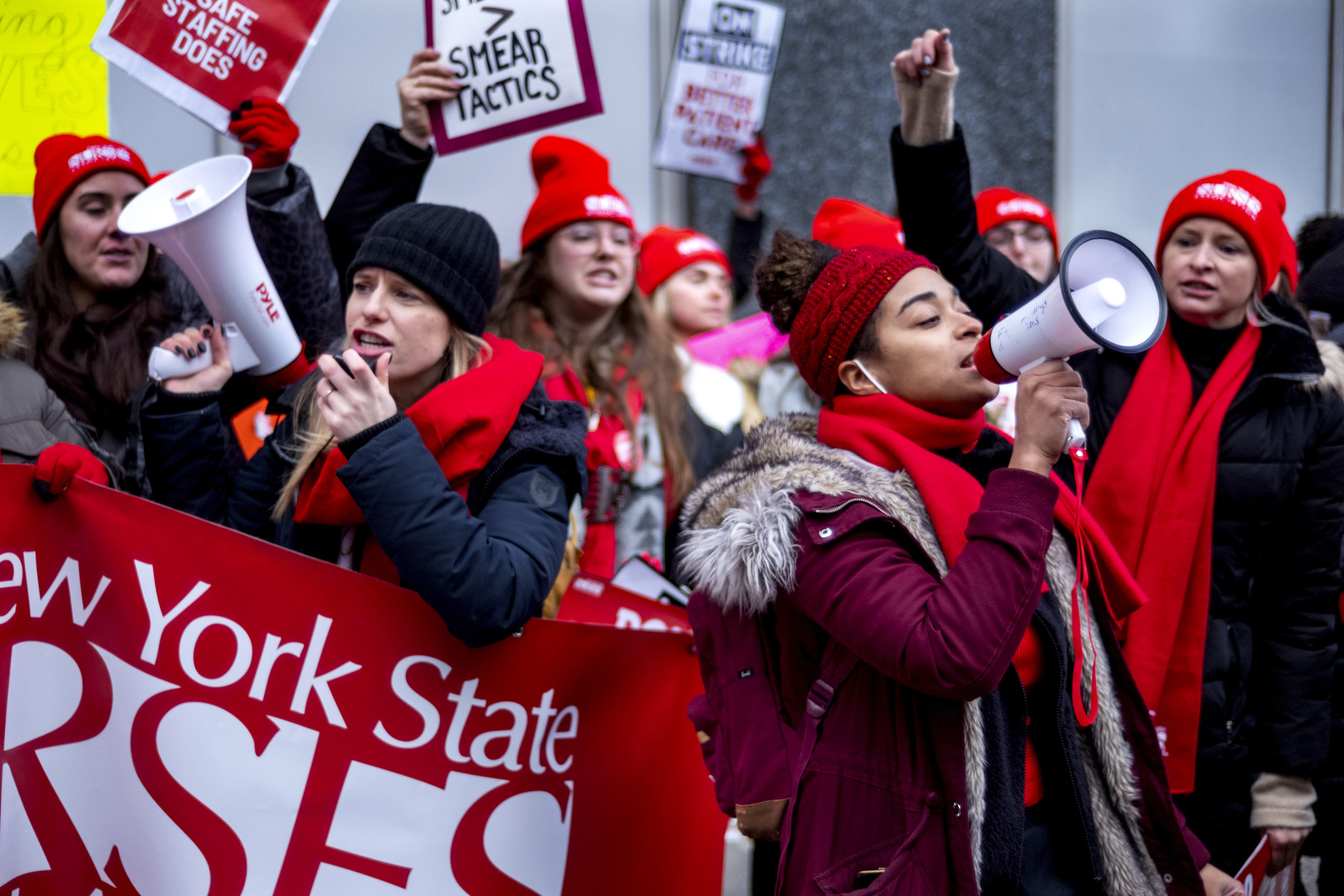 Nurses stage a strike in front of Mt. Sinai Hospital in Manhattan on Monday, Jan. 9, 2023. AP Photo/Craig Ruttle