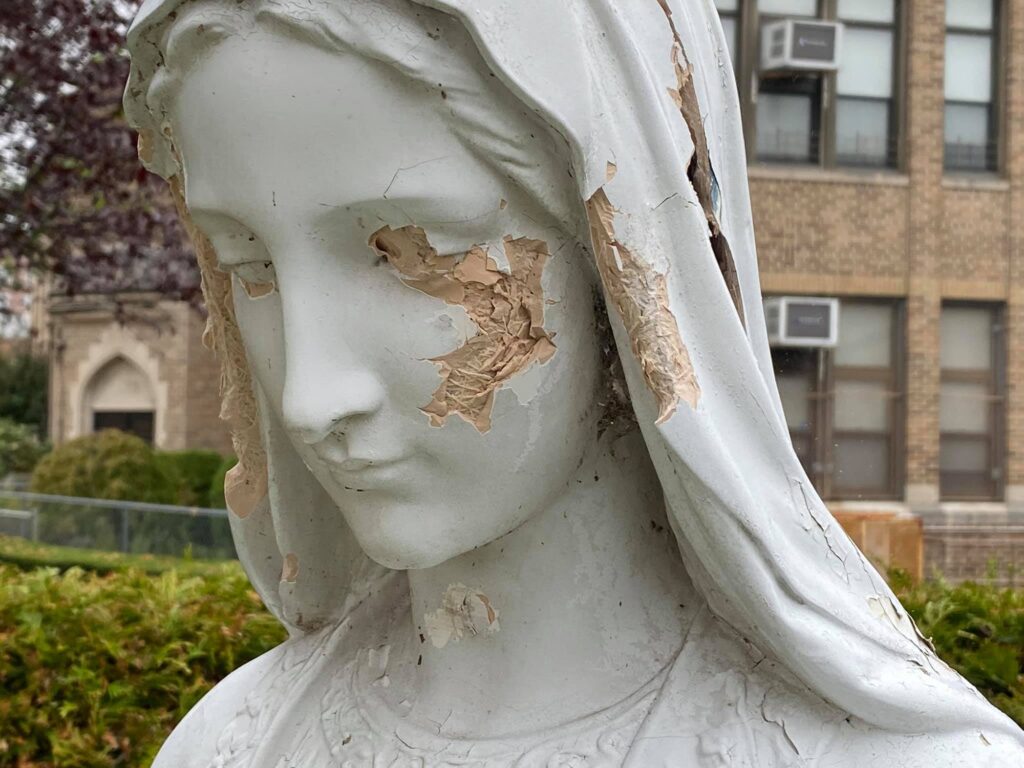 Virgin Mary statue vandalized outside church