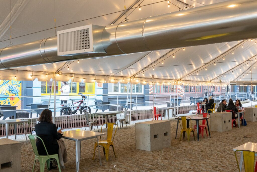 City’s largest heated open air seating plan at Industry City plaza
