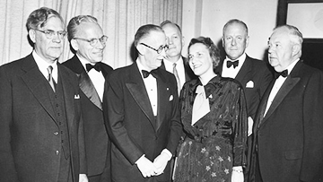 High-ranking representatives of the Swedish government help Brooklyn’s Swedish colony celebrate the 55th anniversary of the Kallman Home in 1953. The home was founded in 1897 by a Swedish immigrant. Shown left to right are Swedish Minister of Foreign Affairs Osten Unden; Clarence Sogren, dinner chairman; George P. Johansen, toastmaster; former New York City Police Commissioner Arthur W. Wallander; Ulla Lindstrom, Swedish delegate to the U.N.; Swedish Consul General Lennart Nylander, and Andrew G. Clausen, Jr., president of the Board of Education. Brooklyn Daily Eagle photographs, Brooklyn Public Library, Center for Brooklyn History