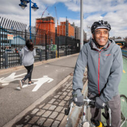 Milton Puryear, co-founder of the Brooklyn Greenway Initiative, on the Brooklyn Waterfront Greenway in the Columbia Street Waterfront District. Photo: Ari Mintz