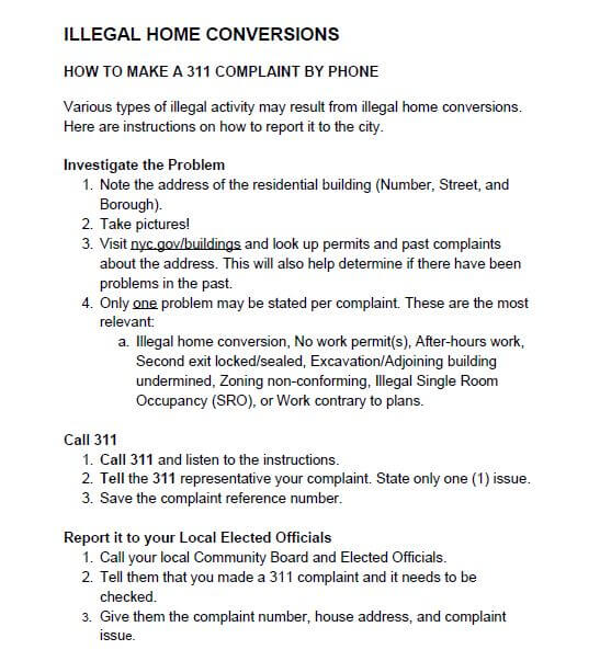 Photo courtesy of Bob Cassara / An information form on how to report illegal home conversions. 