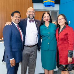 Trailblazers in justice (pictured from left to right): Hon. Biju Koshy, the first South-Asian male judge in Richmond County; Hon. Shahabuddeen Ally, the first Muslim male judge in New York State; Hon. Raja Rajeswari, the first Indian-American judge in New York; and Hon. Lillian Wan, the first Asian American female judge in the Appellate Division, Second Department. Photo courtesy of Gov. Kathy Hochul’s Office
