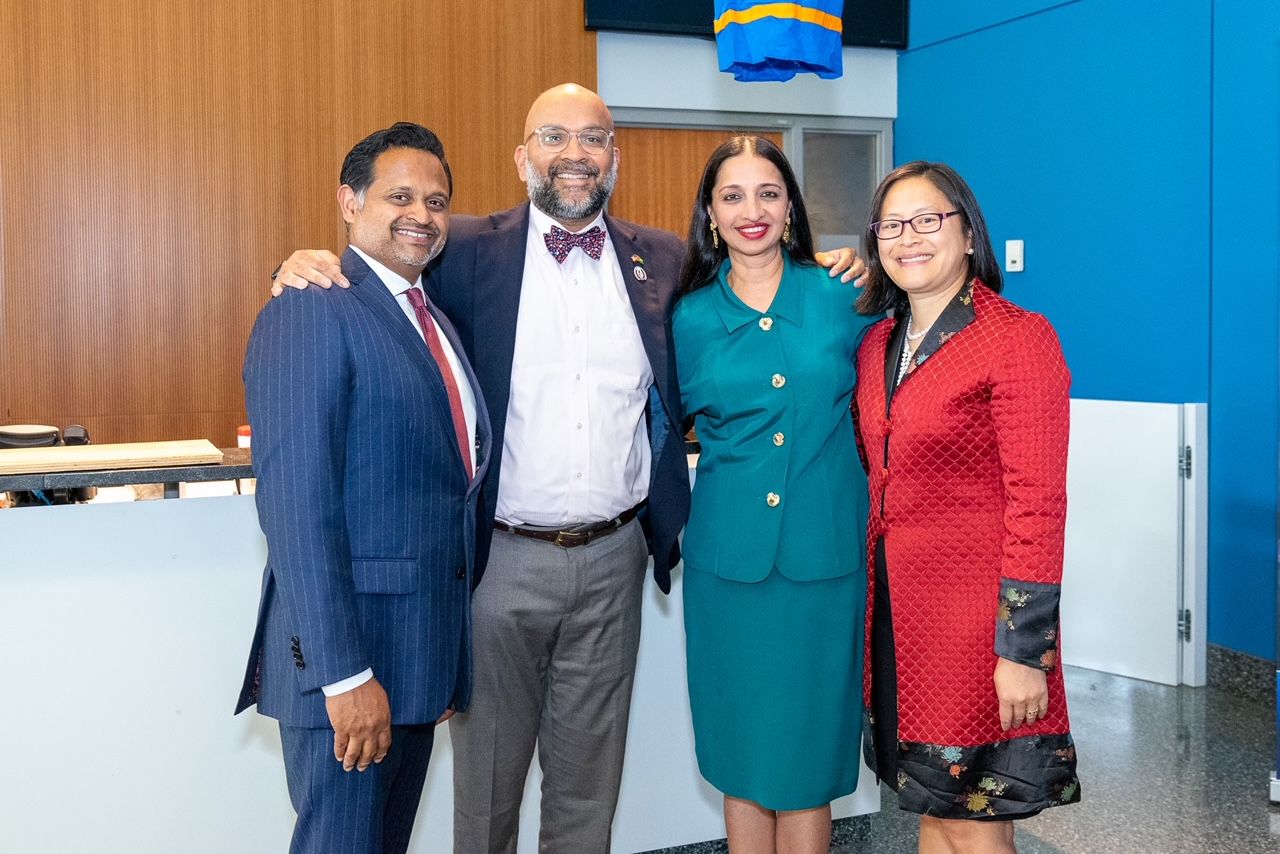 Trailblazers in justice (pictured from left to right): Hon. Biju Koshy, the first South-Asian male judge in Richmond County; Hon. Shahabuddeen Ally, the first Muslim male judge in New York State; Hon. Raja Rajeswari, the first Indian-American judge in New York; and Hon. Lillian Wan, the first Asian American female judge in the Appellate Division, Second Department. Photo courtesy of Gov. Kathy Hochul’s Office