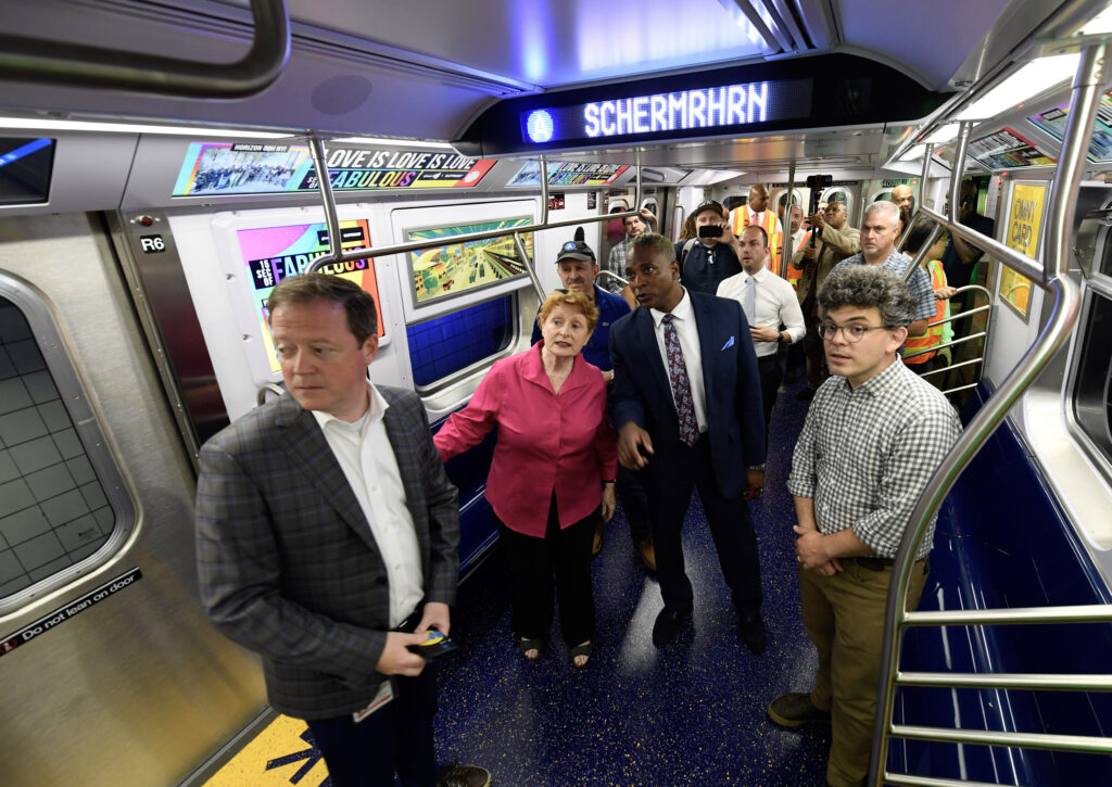 MTA New York City Transit President Richard Davey (left), Assemblymember Jo Anne Simon, Senior Vice President of Subways Demetrius Crichlow, and City Councilmember Lincoln Restler rode one of the new R211 subway cars in 2023. Photo: Marc A. Hermann/MTA