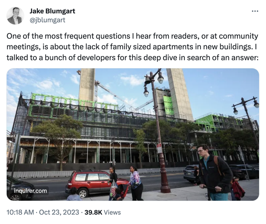 Jake Blumgar tweet: One of the most frequent questions I hear from readers, or at community meetings, is about the lack of family sized apartments in new buildings. I talked to a bunch of developers for this deep dive in search of an answer: