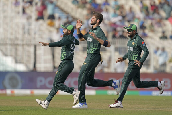 INDIA — Whatever the sport, victorious celebrations show the secret sauce of dance… joy: Pakistan's Shaheen Afridi, center, and teammates celebrate the wicket of Bangladesh's Najmul Hossain Shanto during the ICC Men's Cricket World Cup match between Bangladesh and Pakistan in Kolkata, India, Tuesday, Oct. 31, 2023.Photo: Bikas Das/AP