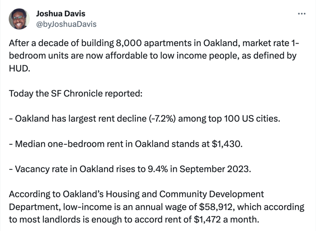 Joshua Davis tweet about affordable housing in Oakland.