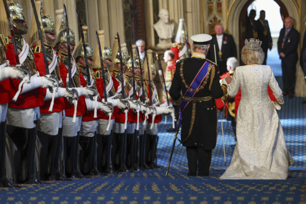 <strong>LONDON — Opening of Parliament, the speeches begin:</strong> Britain's King Charles III and Queen Camilla leave after the State Opening of Parliament at the Houses of Parliament, in London, Tuesday, Nov. 7, 2023. King Charles III will read out a speech, written by Prime Minister Rishi Sunak's government, outlining its legislative plans for the next year.<br>Photo: Toby Melville/Pool Photo via AP