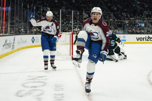 <b>SEATTLE — ‘Not afraid to kick the Kraken…’:</b> Colorado Avalanche center Ross Colton, right, reacts after scoring against the Seattle Kraken as teammate Mikko Rantanen, left, skates over to join him during the second period of an NHL hockey game Monday, Nov. 13, 2023, in Seattle.<br>Photo: Lindsey Wasson/AP