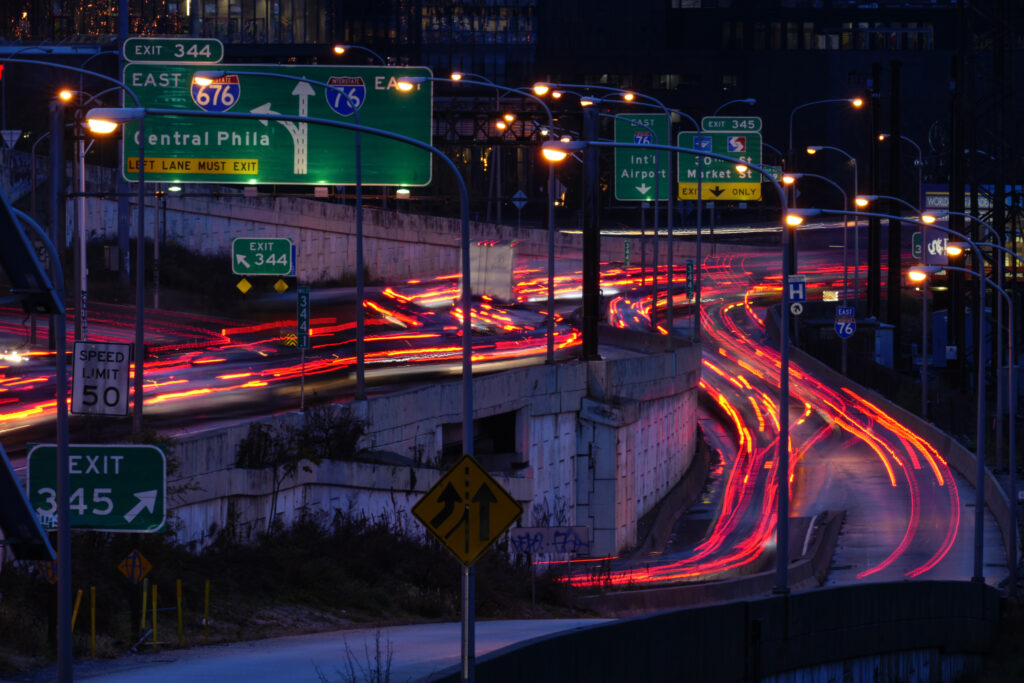 PHILADELPHIA — Rushing home for the holiday weekend: In this image, made with a long exposure, motor vehicles move along Interstate 76 ahead of the Thanksgiving Day holiday in Philadelphia on Wednesday, Nov. 22, 2023.Photo: Matt Rourke/AP