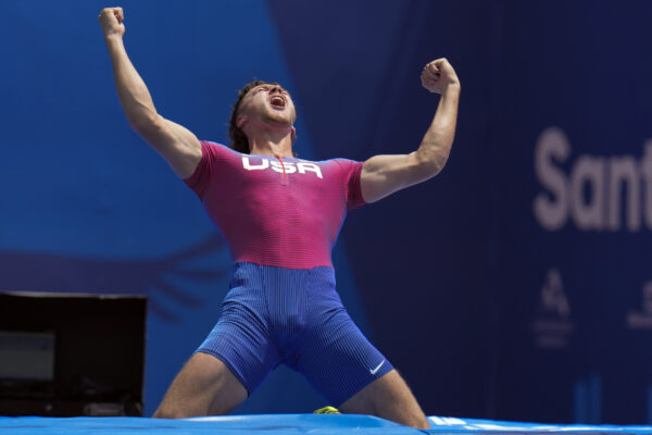 CHILE — American athlete celebrates in the Pan Am Games: Ryan Talbot of the United States reacts after competing in the men's decathlon pole vault event at the Pan American Games in Santiago, Chile, Tuesday, Oct. 31, 2023. Photo: Fernando Vergara/AP