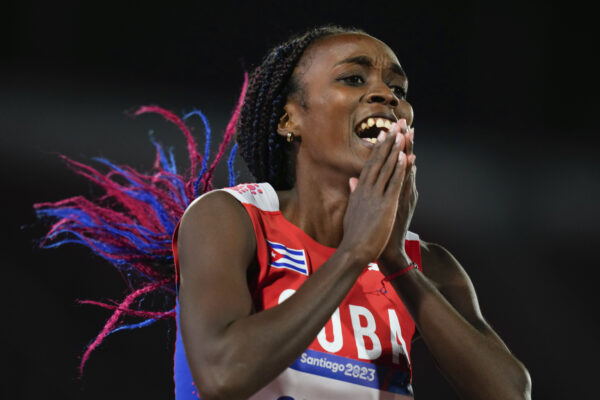 CHILE — Cuban sprinter wins gold: Cuba's Yunisleidy Garcia celebrates winning the gold medal in the women's 100-meters final at the Pan American Games in Santiago, Chile, Tuesday, Oct. 31, 2023.