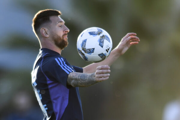 <b>BUENOS AIRES — An expert warms up — he’s allowed to kiss the ball but not touch with his arms:</b> Argentina’s Lionel Messi controls the ball during a training session of the national soccer team before a qualifying soccer match for the FIFA World Cup 2026, against Uruguay, at the Argentina Soccer Association facilities in Buenos Aires, Argentina, Tuesday, Nov. 14, 2023.<br>Photo: Gustavo Garello/AP