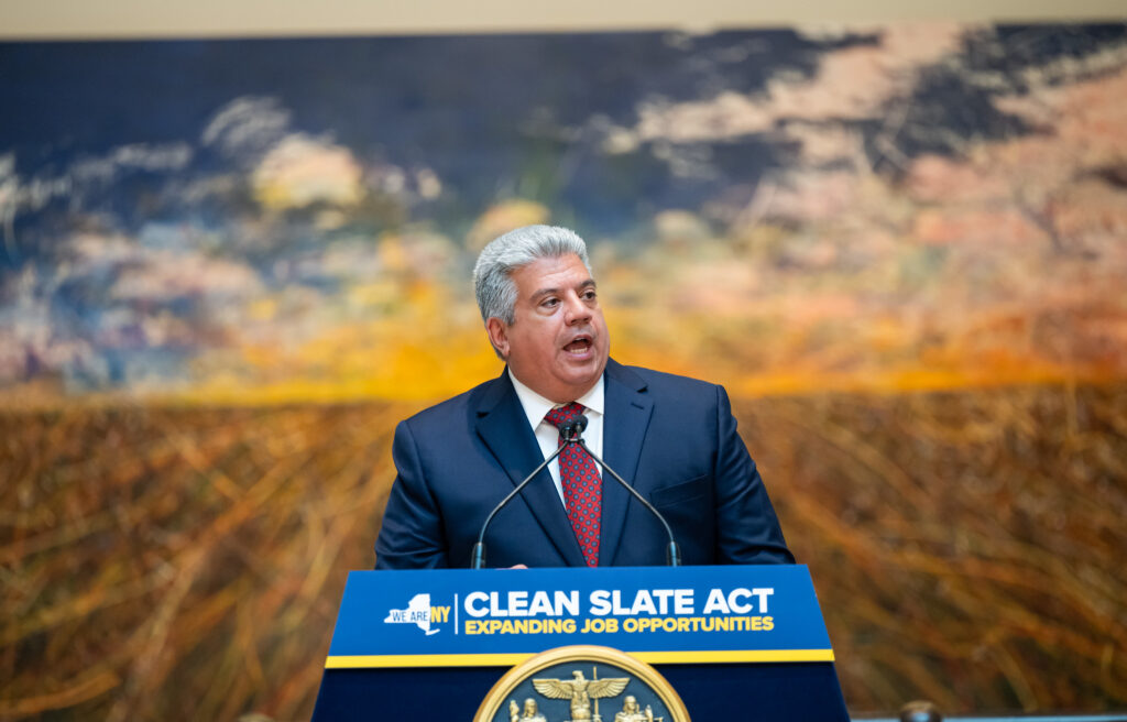 District Attorney Eric Gonzalez speaks at the signing of the Clean Slate Act on Thursday, which allows certain criminal records to be sealed years after an individual is sentenced or released from incarceration if that individual is not subsequently convicted of an additional criminal act.Photo: Susan Watts/Office of Gov. Kathy Hochul
