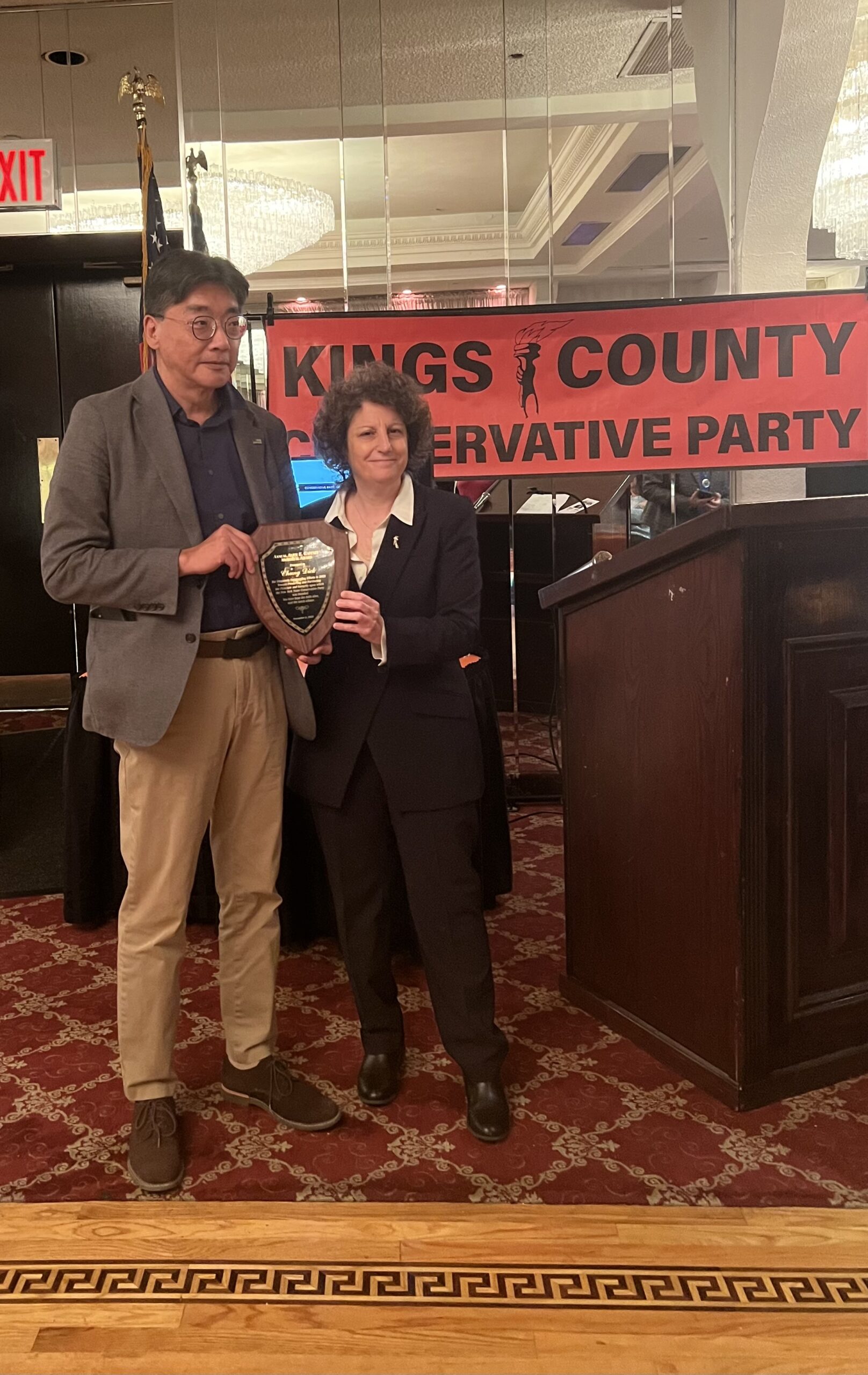 (From left) Chung Dick, member, Kings County Conservative Party (KCCP) Executive Committee, and recipient of the Alice Gaffney Award; and Fran Vella-Marrone, chairwoman, KCCP.