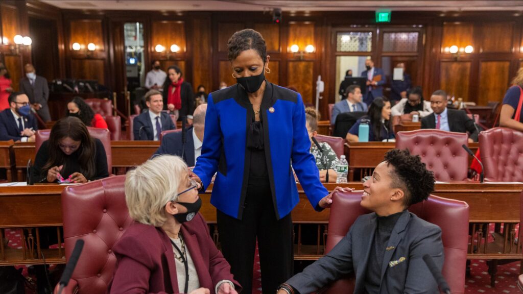 Council Speaker Adrienne Adams (center) speaks with Councilmembers Crystal Hudson (left) and Lynn Schulman at City Hall, March 25, 2022.Photo courtesy of NYC Council