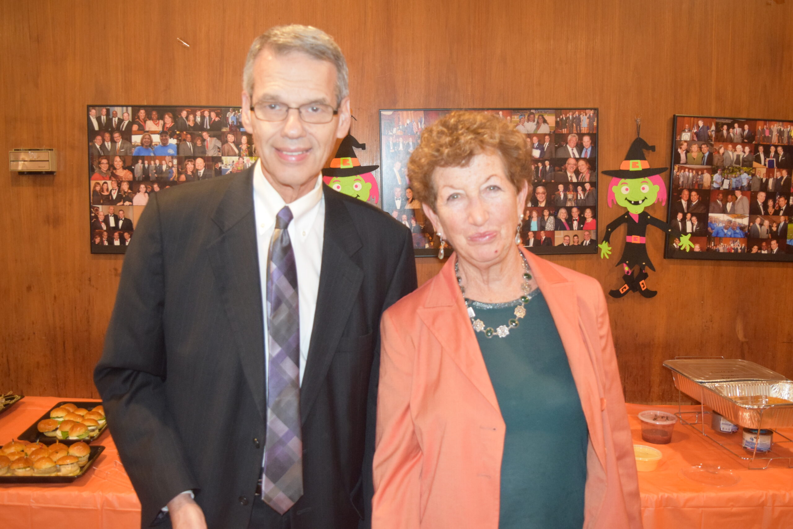 Hon. Lawrence Knipel, administrative judge of the Kings County Supreme Court, Civil Term, and Hon. Katherine Levine at BBA Halloween-themed fundraiser.