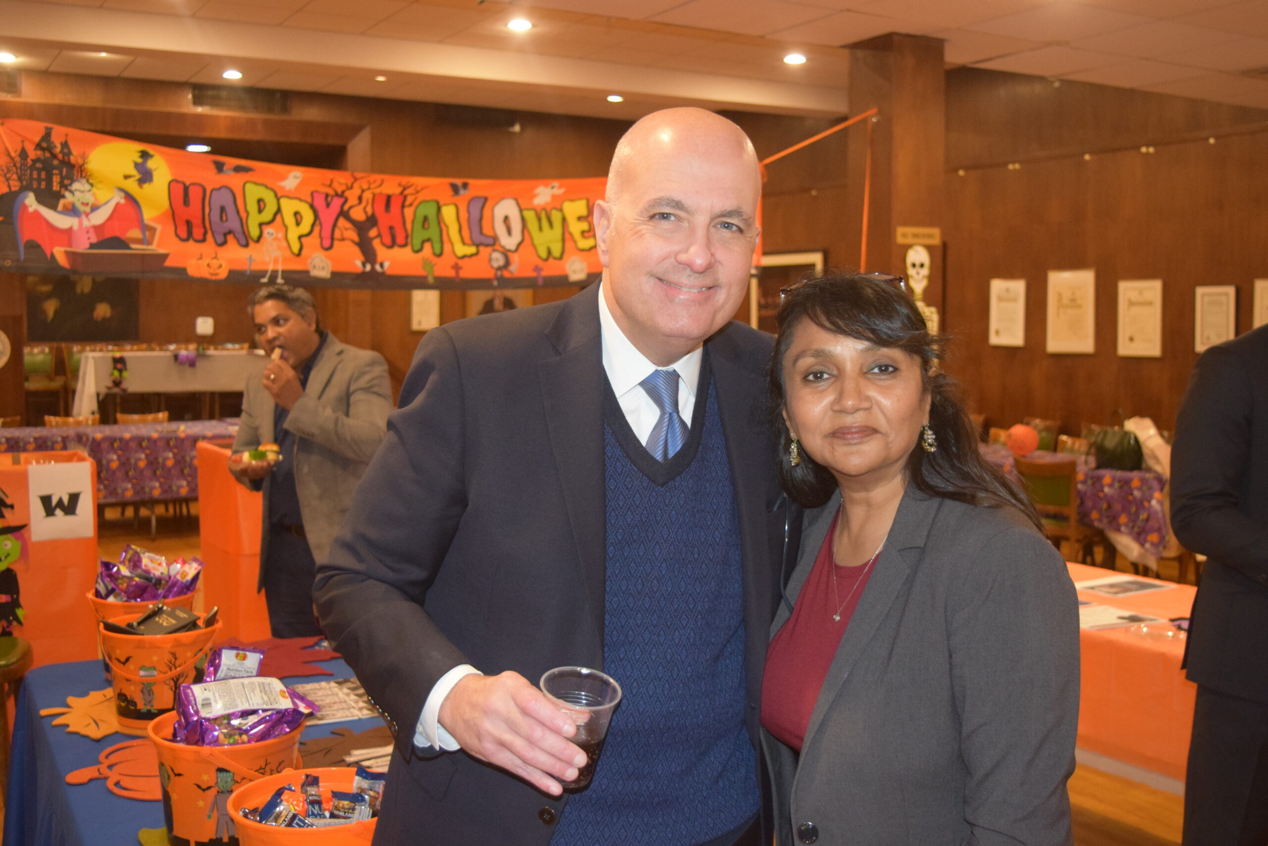 Justice Carl Landicino and Hemalee Patel at BBA Halloween-themed fundraiser.