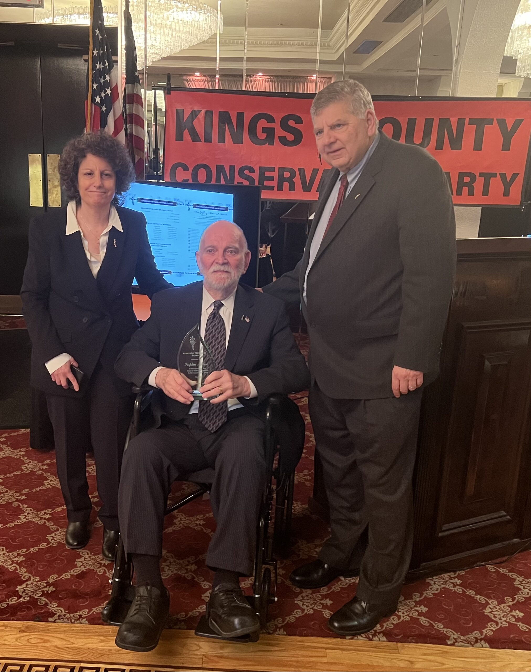 (From left) Fran Vella-Marrone, chairwoman, Kings County Conservative Party; former State Sen. Serphin Maltese, recipient of the Jim Gay Award; and Jerry Kassar, chairman, New York State Conservative Party (From left) Fran Vella-Marrone, chairwoman, Kings County Conservative Party; former State Sen. Serphin Maltese, recipient of the Jim Gay Award; and Jerry Kassar, chairman, New York State Conservative Party.