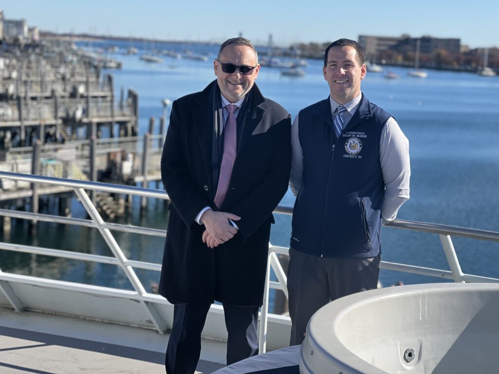 From left: Michael Novakhov, assemblyman, 45th District; and Brian Maher, assemblyman, 101st District, onboard the Atlantis luxury yacht in Sheepshead Bay as part of a walking tour.Photos by Wayne Daren Schneiderman