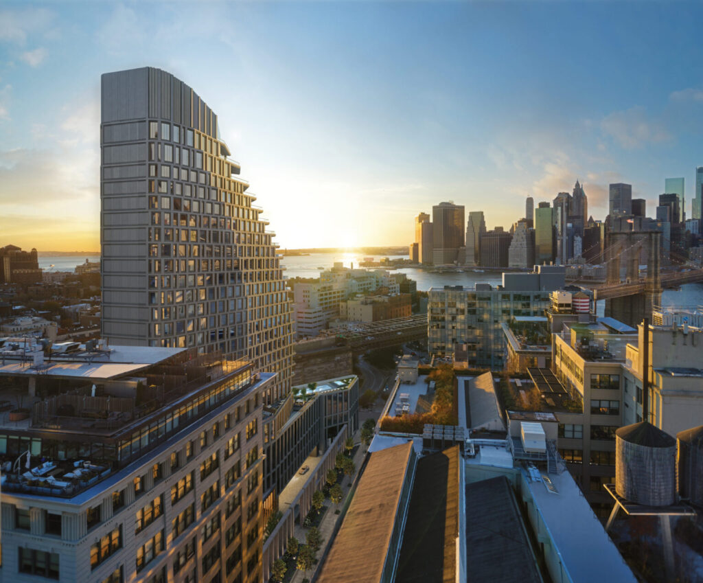 The new Olympia condo building (center left), as seen against the Manhattan skyline. Photo courtesy of Marchmade.