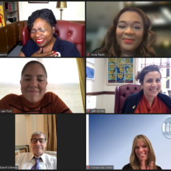 The Brooklyn Women’s Bar Association members engaged in a virtual “Lunch with a Judge” session, featuring Hon. Lawrence Knipel discussing his legal journey and court operations.Zoom Screen capture
