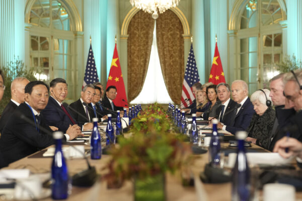 <b>CALIFORNIA — Tools of diplomacy, headsets and simultaneous translators are needed for this important collection of people:</b> President Joe Biden Meets with China's President, Xi Jinping, at the Filoli Estate in Woodside, Calif., Wednesday, Nov. 15, 2023, on the sidelines of the Asia-Pacific Economic Cooperative conference.<br>Photo: Doug Mills/The New York Times via AP, Pool
