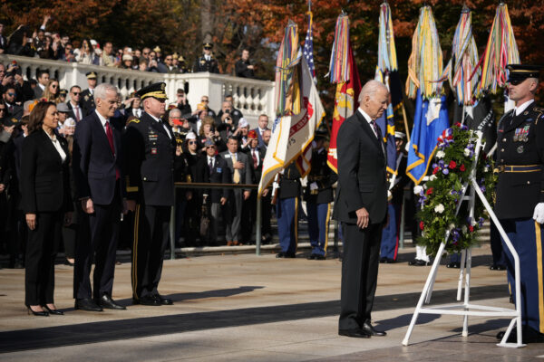 ARLINGTON — Standing up for the fallen: President Joe Biden pauses as he lays a wreath at the Tomb of the Unknown Soldier at Arlington National Cemetery in Arlington, Va., Saturday, Nov. 11, 2023, as Vice President Kamala Harris, Veterans Affairs Secretary Denis McDonough and Maj. Gen. Trevor Bredenkamp, commanding general of the Joint Task Force-National Capital Region and the U.S. Military District of Washington, watch.<br>Photo: Andrew Harnik/AP