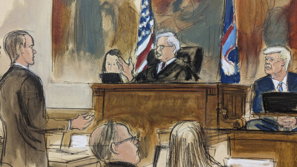 <strong>NEW YORK — The Donald’s court chess games continue:</strong> In this courtroom sketch, Judge Arthur Engoron, center, speaks to former President Donald Trump's attorney, Chris Kise, left, directing him to speak with Trump, far right, to answer the questions by the assistant attorney general in New York Supreme Court, Monday, Nov. 6, 2023, in New York.<br>Photo: Elizabeth Williams via AP