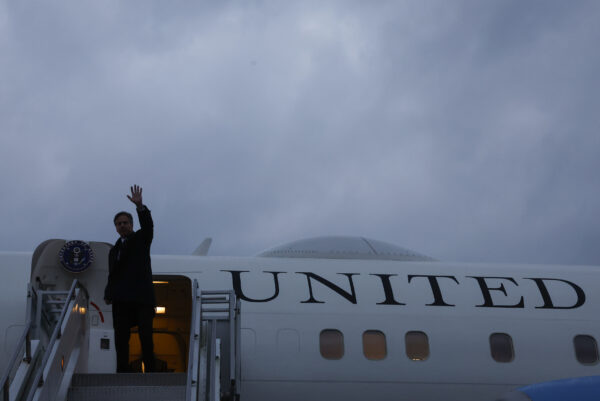 U.S. Secretary of State Antony Blinken boards his plane to depart for India from Osan Air Base in Pyeongtaek, South Korea, Thursday, Nov. 9, 2023. (Jonathan Ernst/Pool Photo via AP)