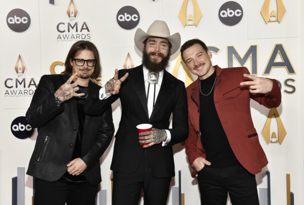 <b>NASHVILLE — ‘How come we always tie in rock, scissors, paper?’:</b> HARDY, from left, Post Malone and Morgan Wallen arrive at the 57th Annual CMA Awards on Wednesday, Nov. 8, 2023, at the Bridgestone Arena in Nashville, Tenn.<br>Photo: Evan Agostini/Invision/AP