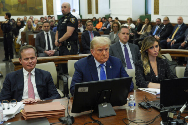 NEW YORK — Fleeting camera coverage in court shows Trump, again, in blue tie — not red: Flanked by his attorneys Chris Kise, left, and Alina Habba, former President Donald Trump waits to take the witness stand at New York Supreme Court, Monday, Nov. 6, 2023, in New York. Photo: Eduardo Munoz Alvarez/AP