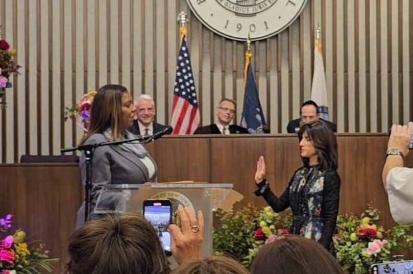 Attorney General Letitia James conducts the historic swearing-in ceremony for Rachel Freier, the first Hasidic female judge on the New York Supreme Court.