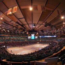 Inside of Madison Square Garden during a hockey match.