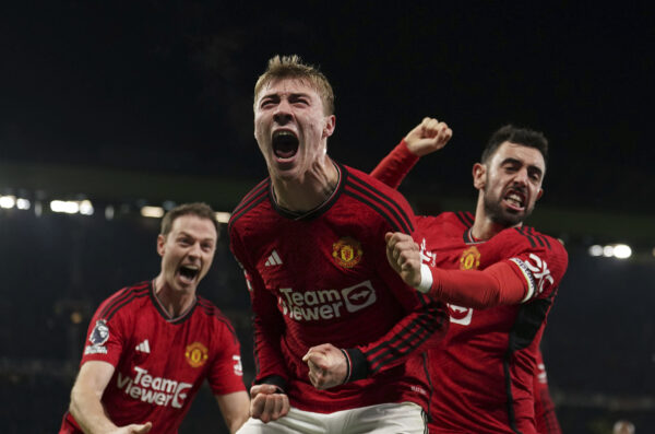 <b>MANCHESTER — ‘Tell us how you really feel’:</b> Manchester United's Rasmus Hojlund, center, celebrates scoring their side's third goal during the English Premier League soccer match between Manchester United and Aston Villa at the Old Trafford stadium in Manchester, England, Tuesday, Dec. 26, 2023.<br>Photo: Martin Rickett/PA via AP