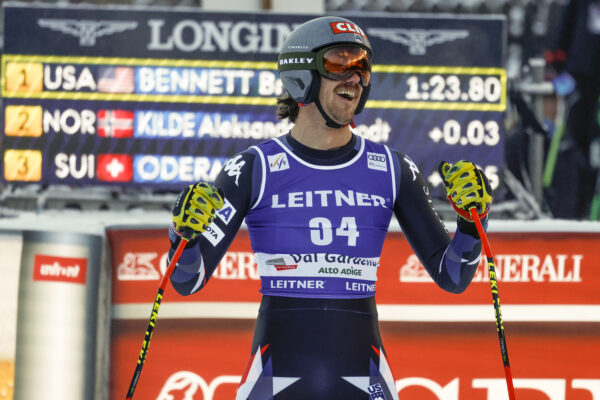 <b>ITALY — After thrilling exertion of a downhill, celebration of victory:</b> United States' Bryce Bennett celebrates winning an alpine ski, men's World Cup downhill race, in Val Gardena, Italy, Thursday, Dec. 14, 2023.<br>Photo: Alessandro Trovati/AP